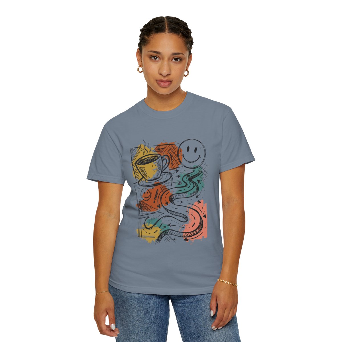 Color: Blue Jean | Happy Coffee Unisex Garment-Dyed Tee