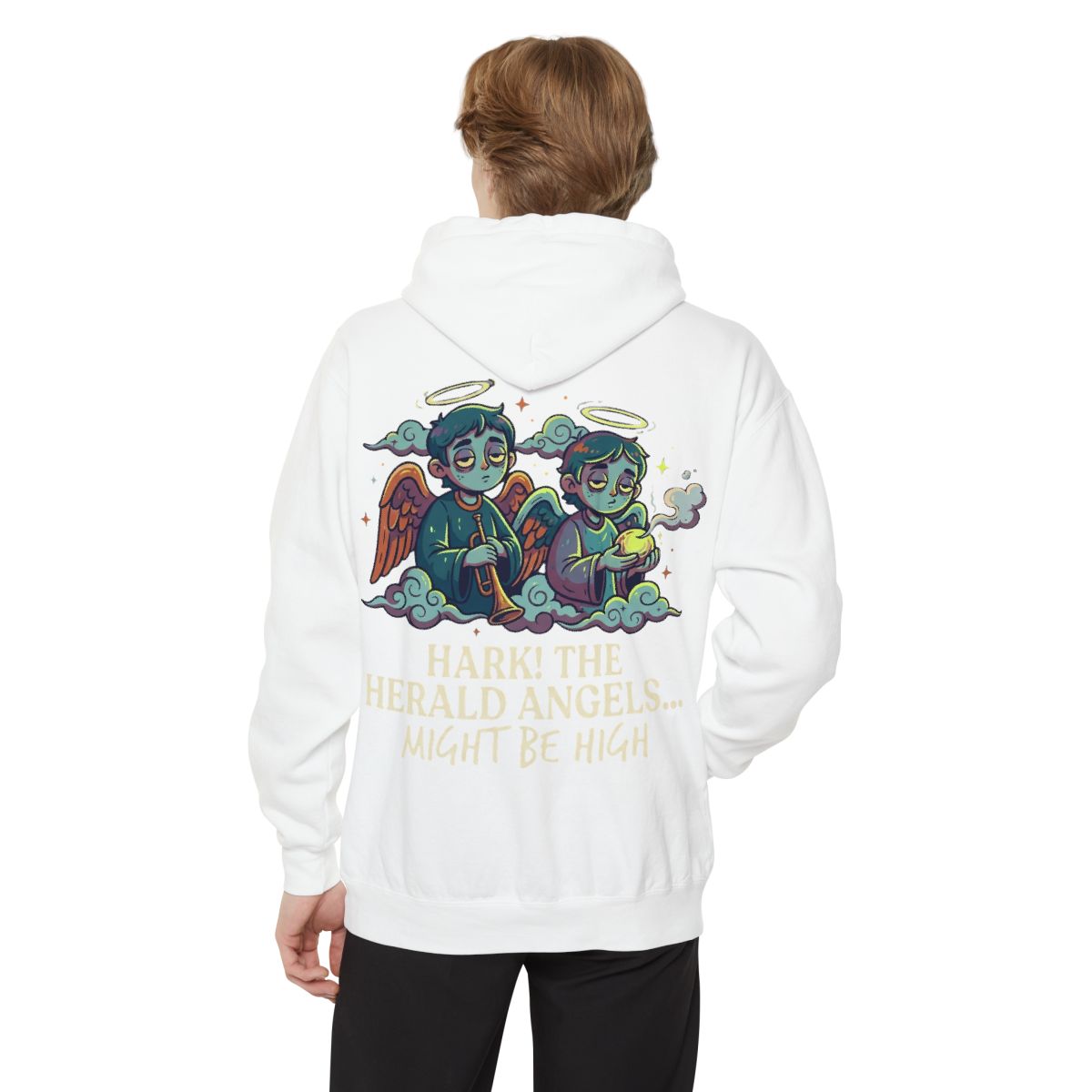Color: White | Hark The Herald Angels Garment-Dyed Hoodie