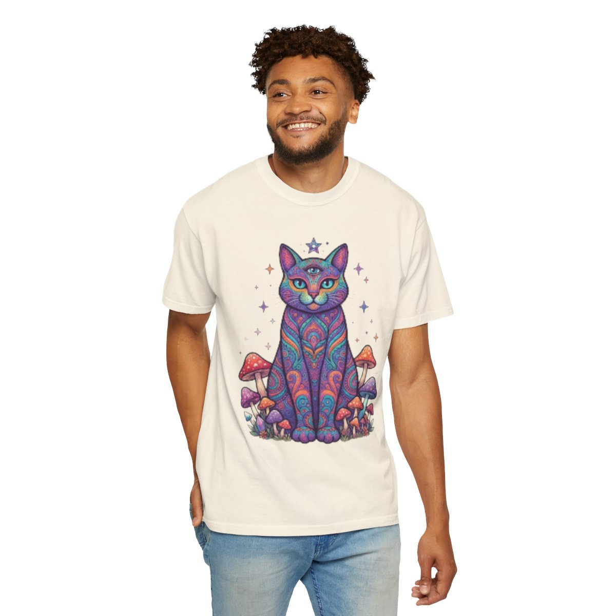 Color: Ivory | Hippy Cat Unisex Garment-Dyed Tee