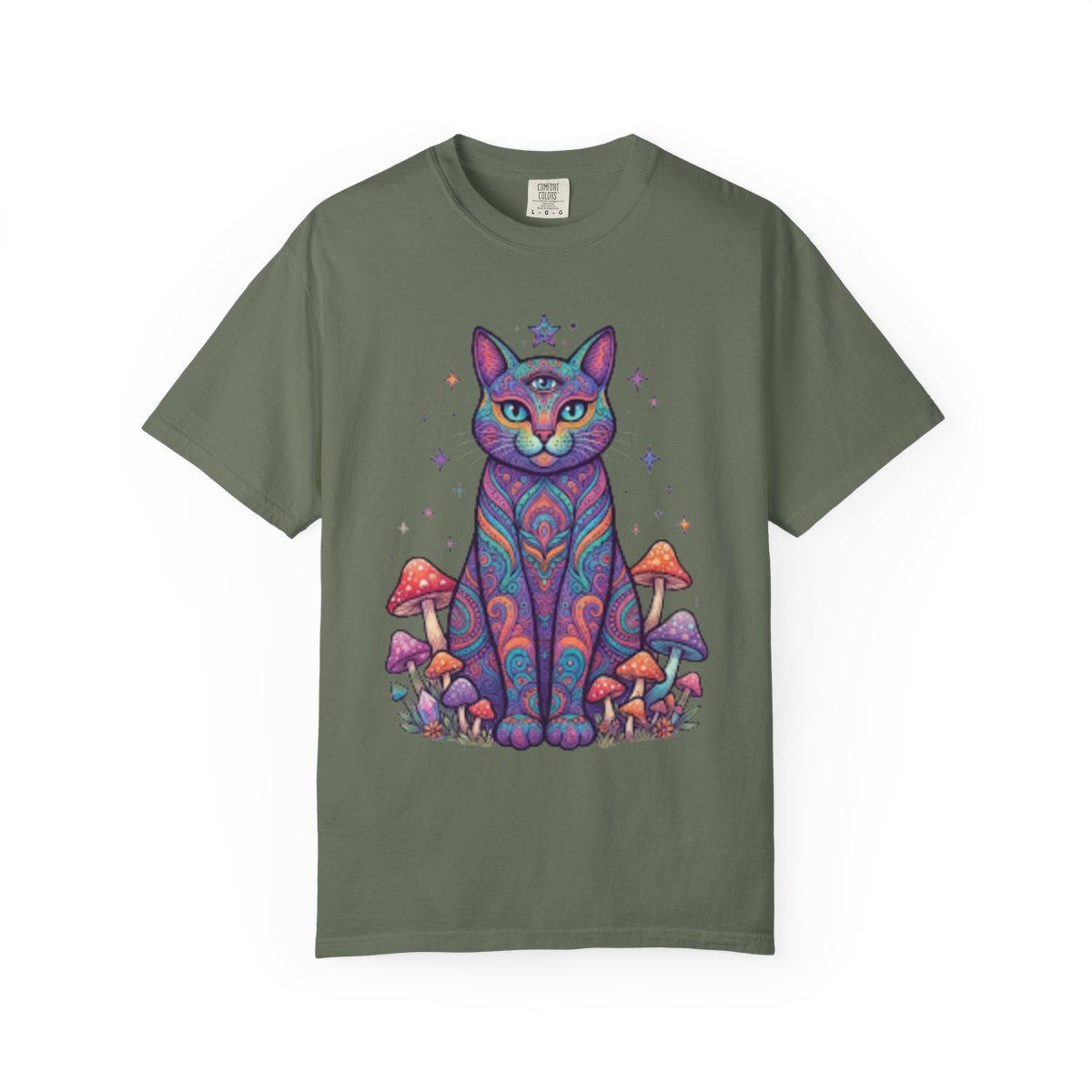 Color: Moss | Hippy Cat Unisex Garment-Dyed Tee
