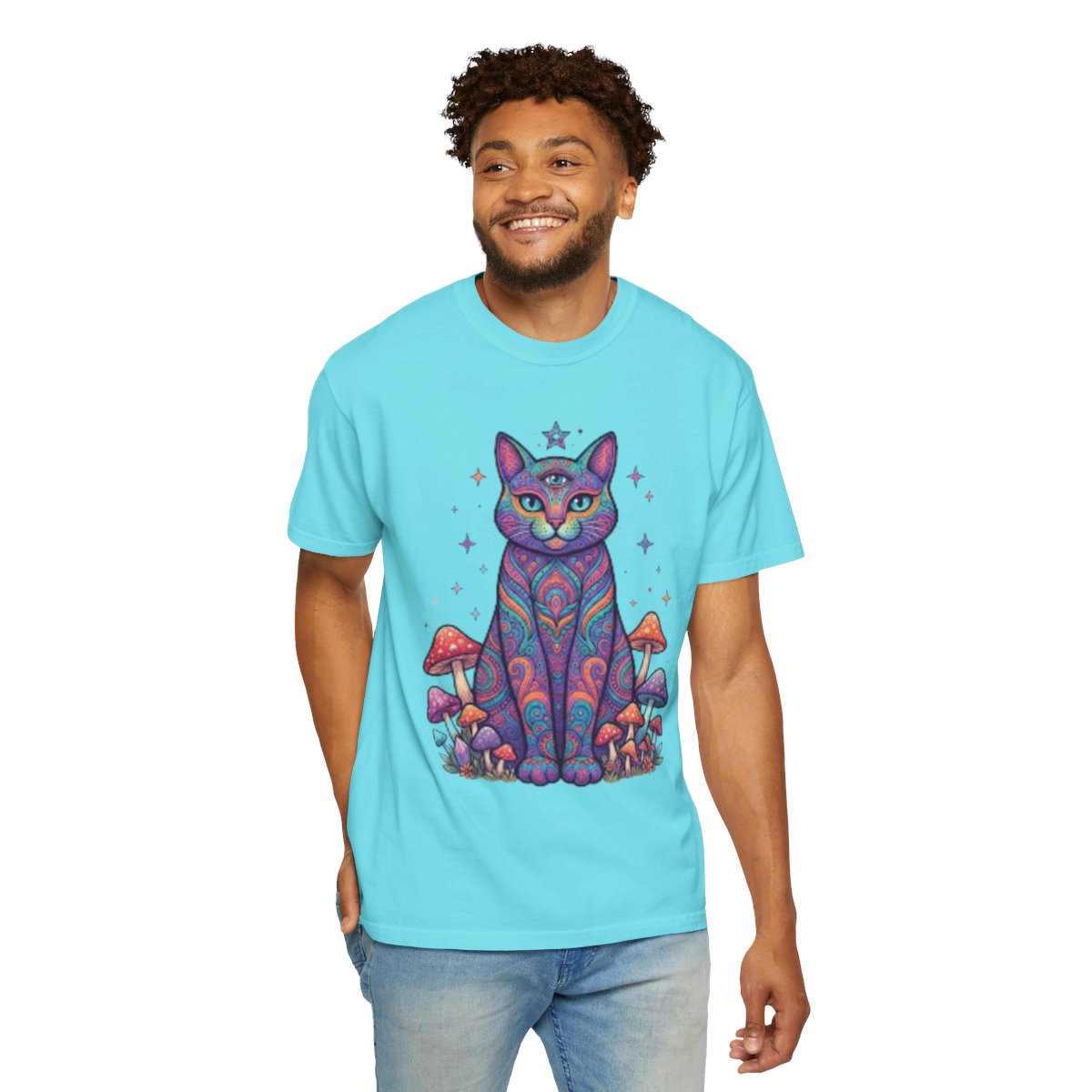 Color: Lagoon Blue | Hippy Cat Unisex Garment-Dyed Tee
