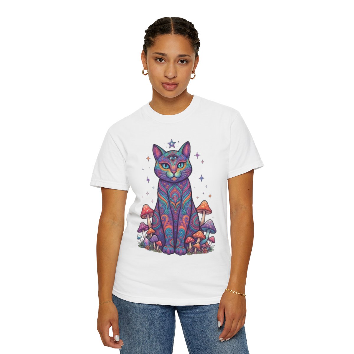 Color: White | Hippy Cat Unisex Garment-Dyed Tee