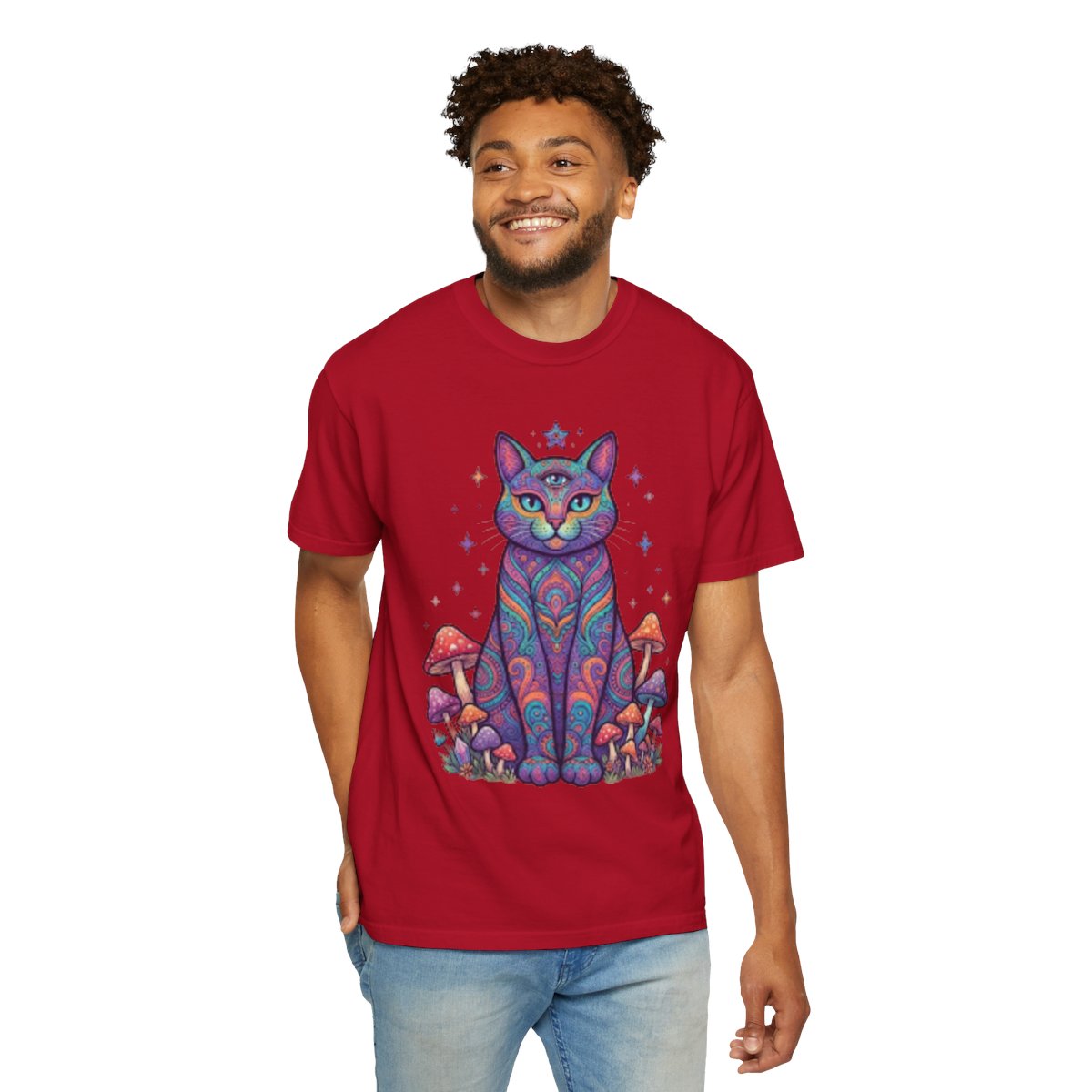 Color: Red | Hippy Cat Unisex Garment-Dyed Tee