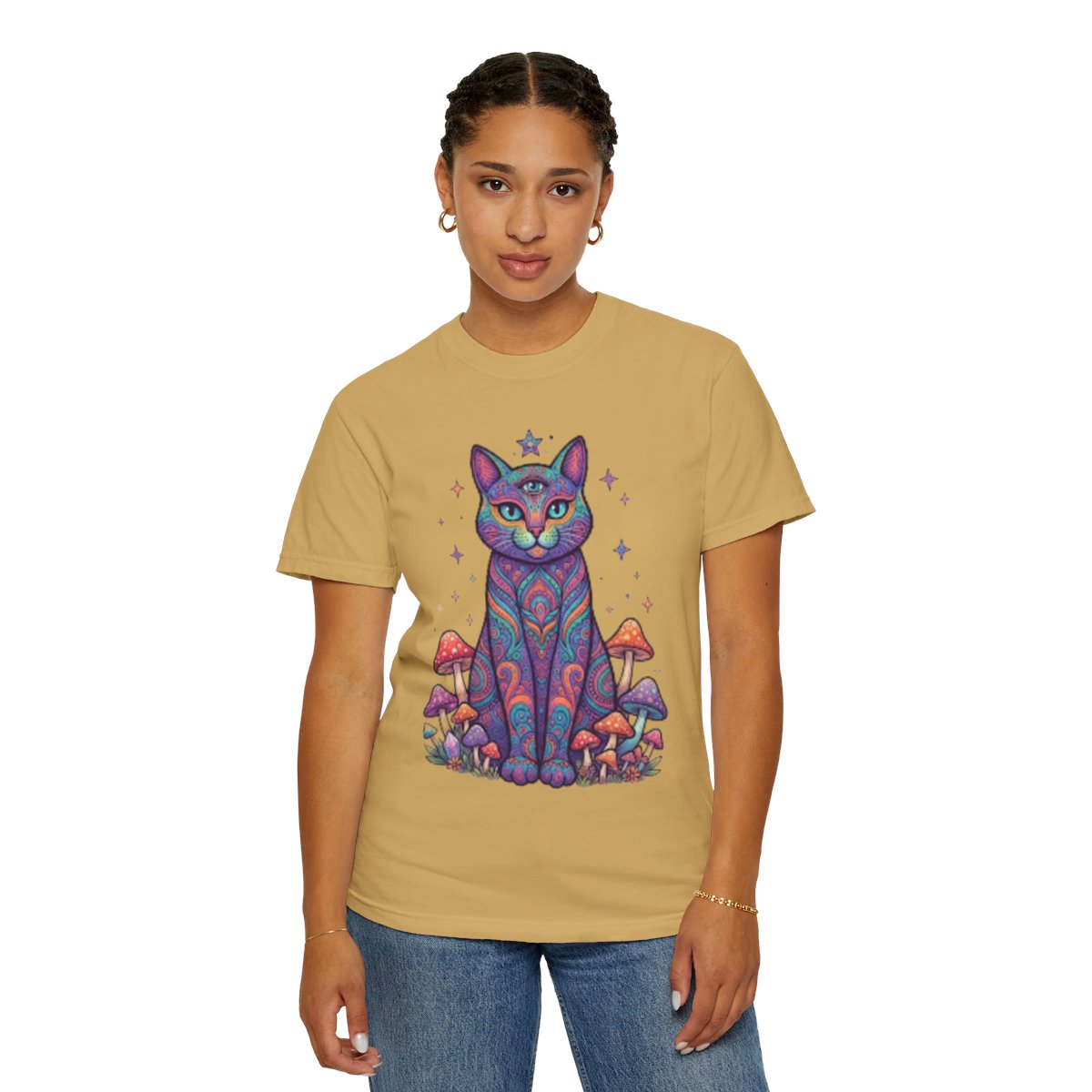 Color: Mustard | Hippy Cat Unisex Garment-Dyed Tee