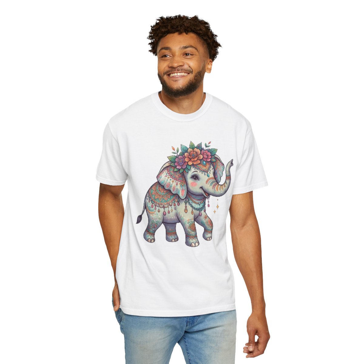 Color: White | Hippy Elephant Unisex Garment-Dyed Tee