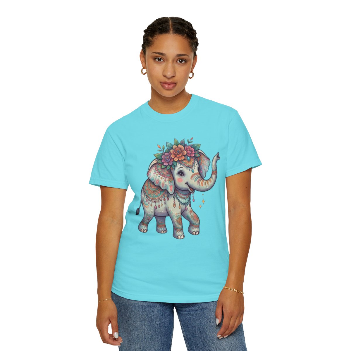 Color: Lagoon Blue | Hippy Elephant Unisex Garment-Dyed Tee