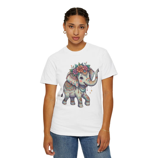 Color: White | Hippy Elephant Unisex Garment-Dyed Tee