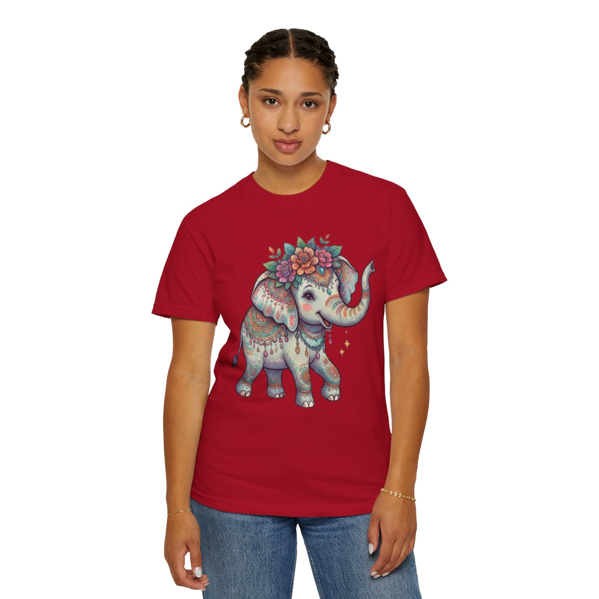 Color: Red | Hippy Elephant Unisex Garment-Dyed Tee