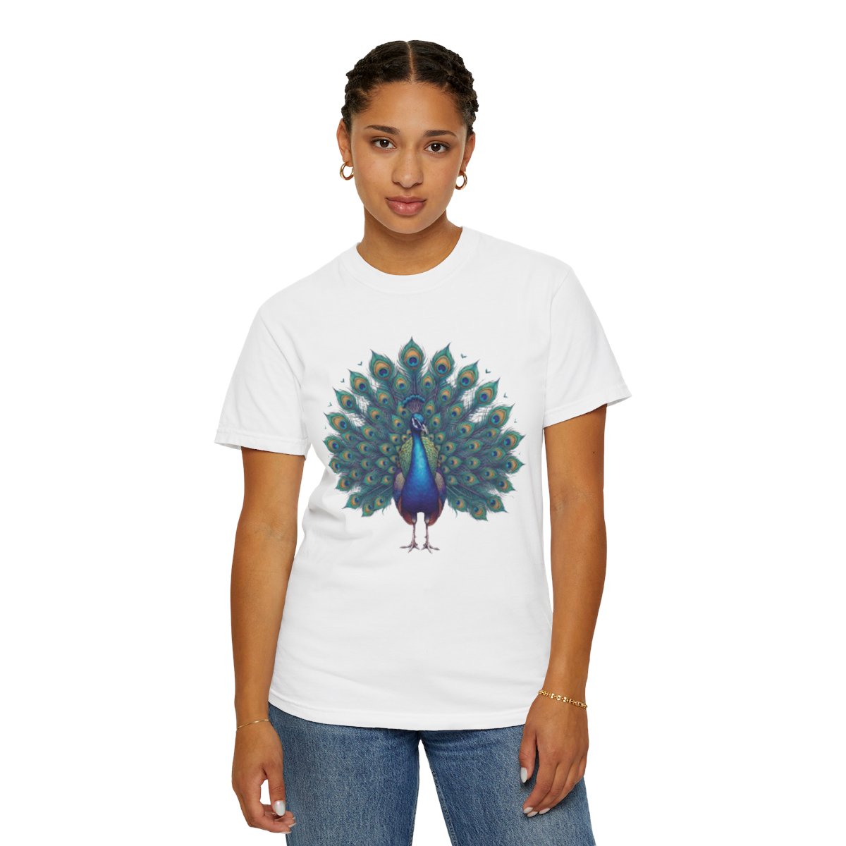 Color: White | Hippy Peacock Unisex Garment-Dyed Tee