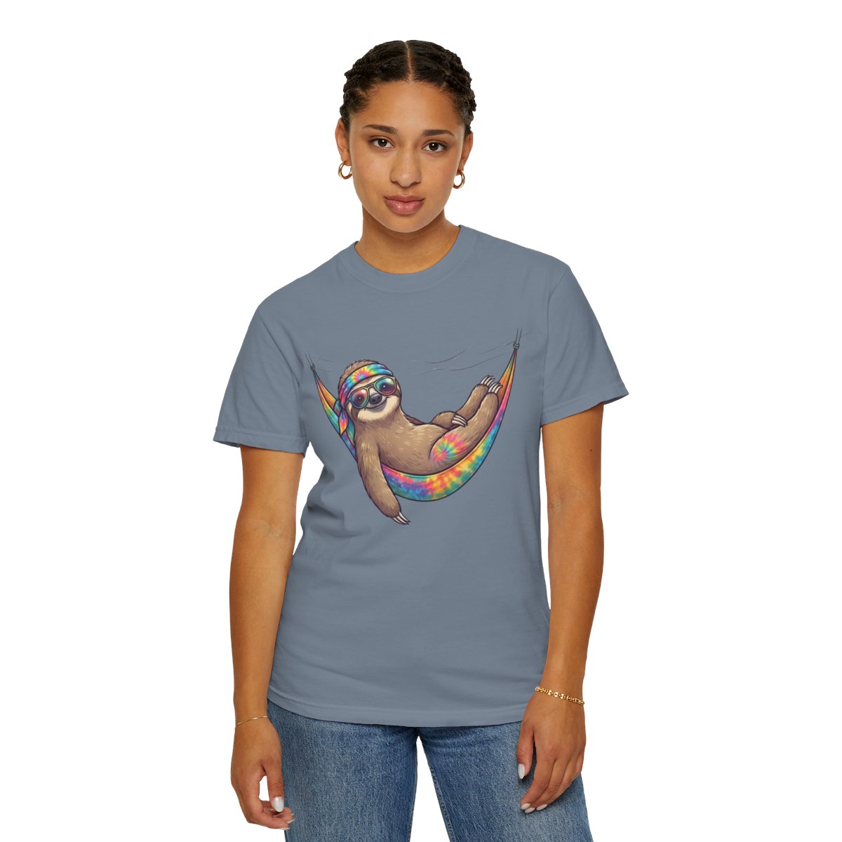 Color: Blue Jean | Hippy Sloth Unisex Garment-Dyed Tee