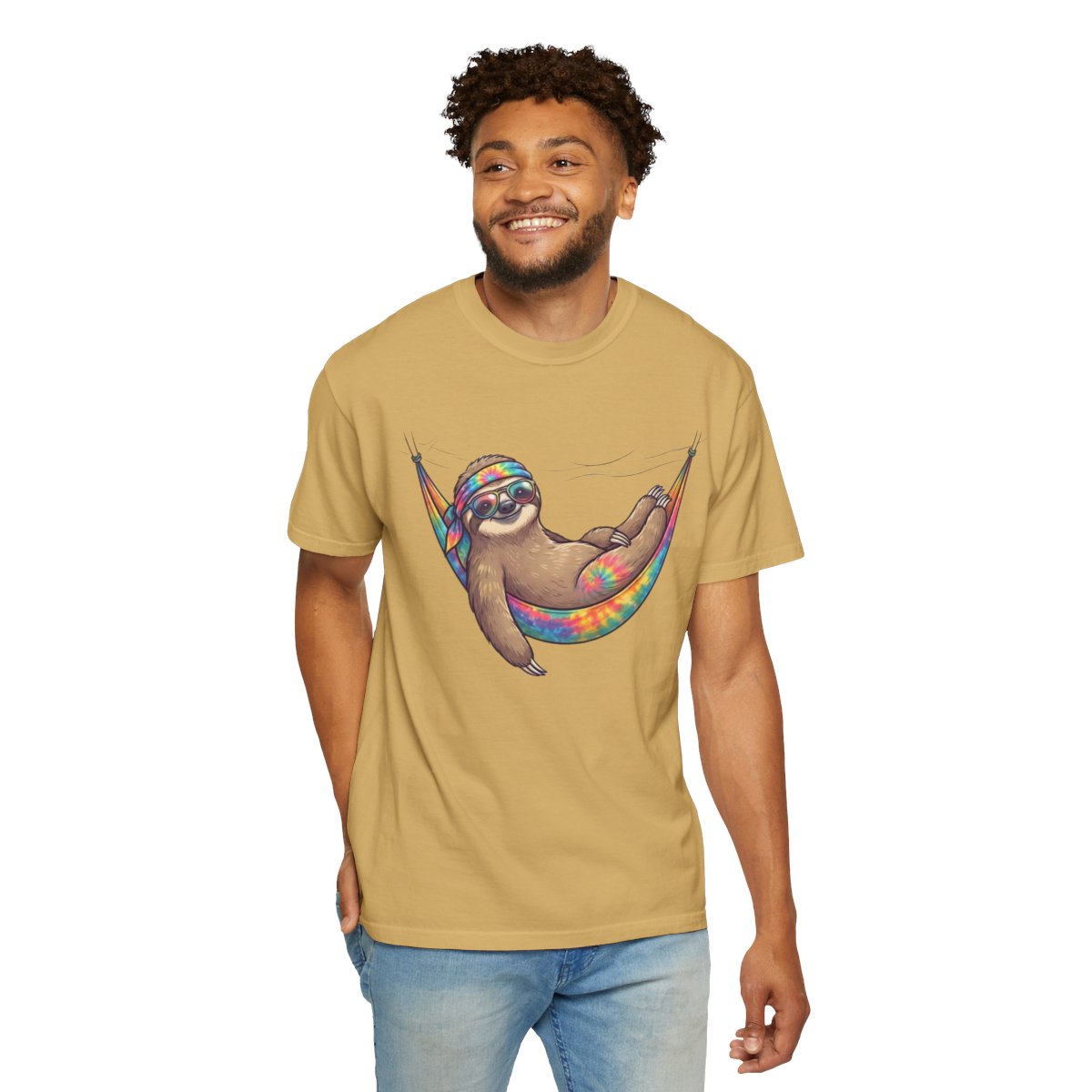 Color: Mustard | Hippy Sloth Unisex Garment-Dyed Tee