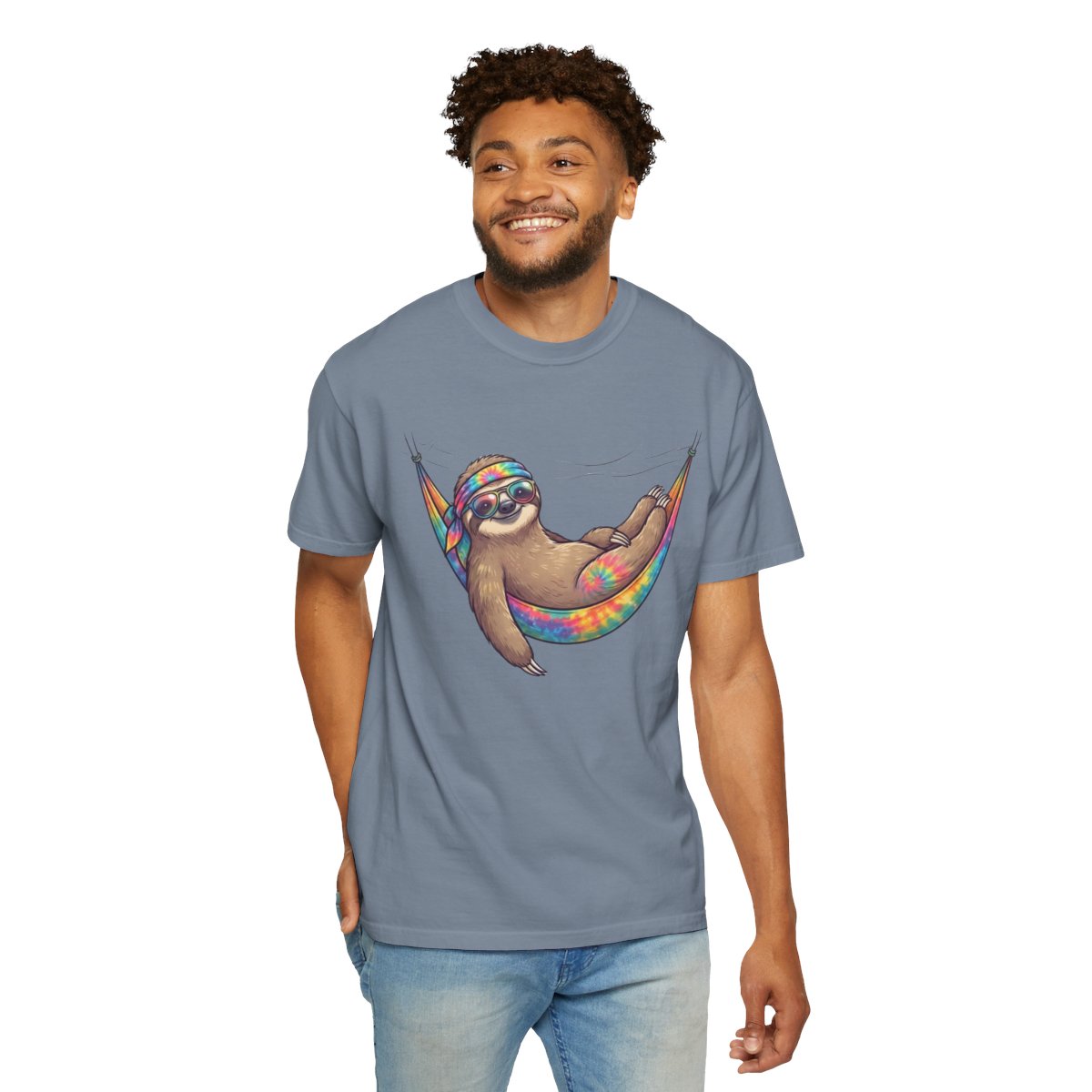 Color: Blue Jean | Hippy Sloth Unisex Garment-Dyed Tee