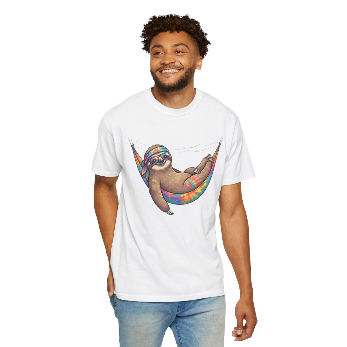Color: White | Hippy Sloth Unisex Garment-Dyed Tee