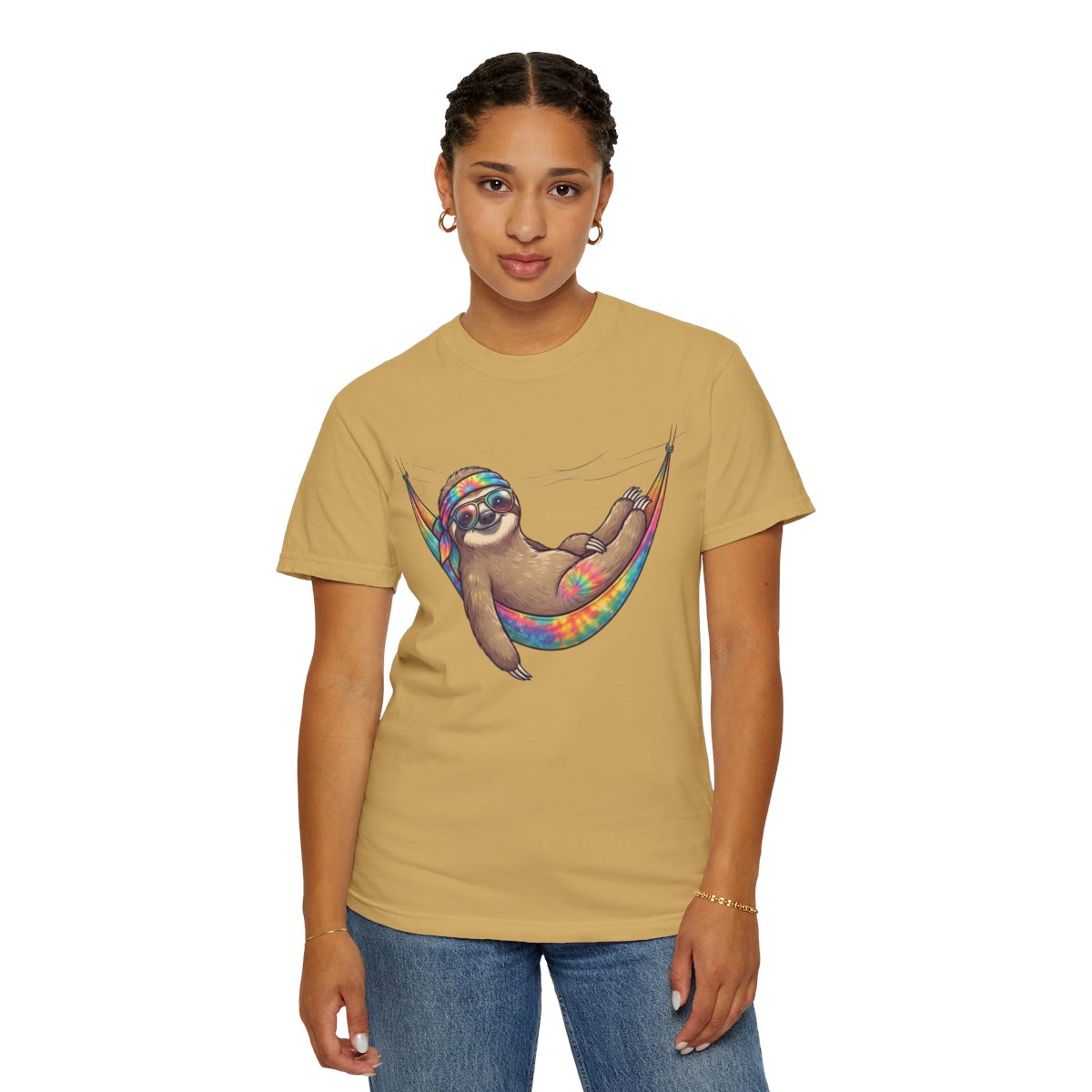 Color: Mustard | Hippy Sloth Unisex Garment-Dyed Tee