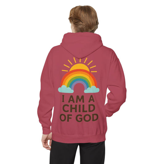 Color: Crimson | I Am A Child of God Garment-Dyed Hoodie