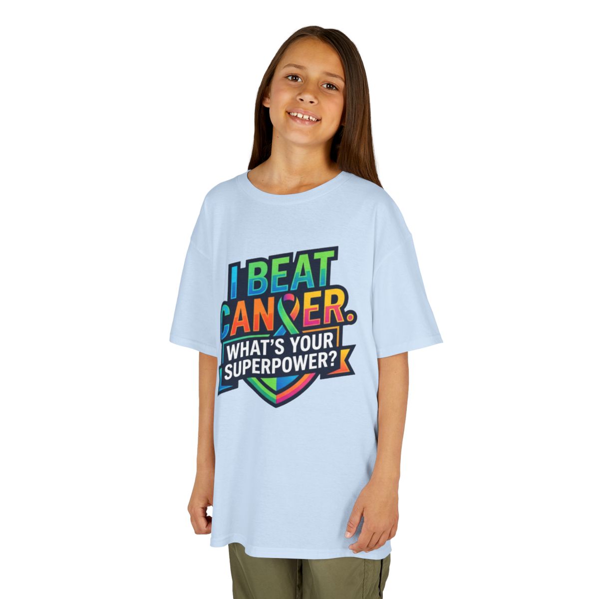 Color: Light Blue | I Beat Cancer - What is Your Superpower Kids Tee