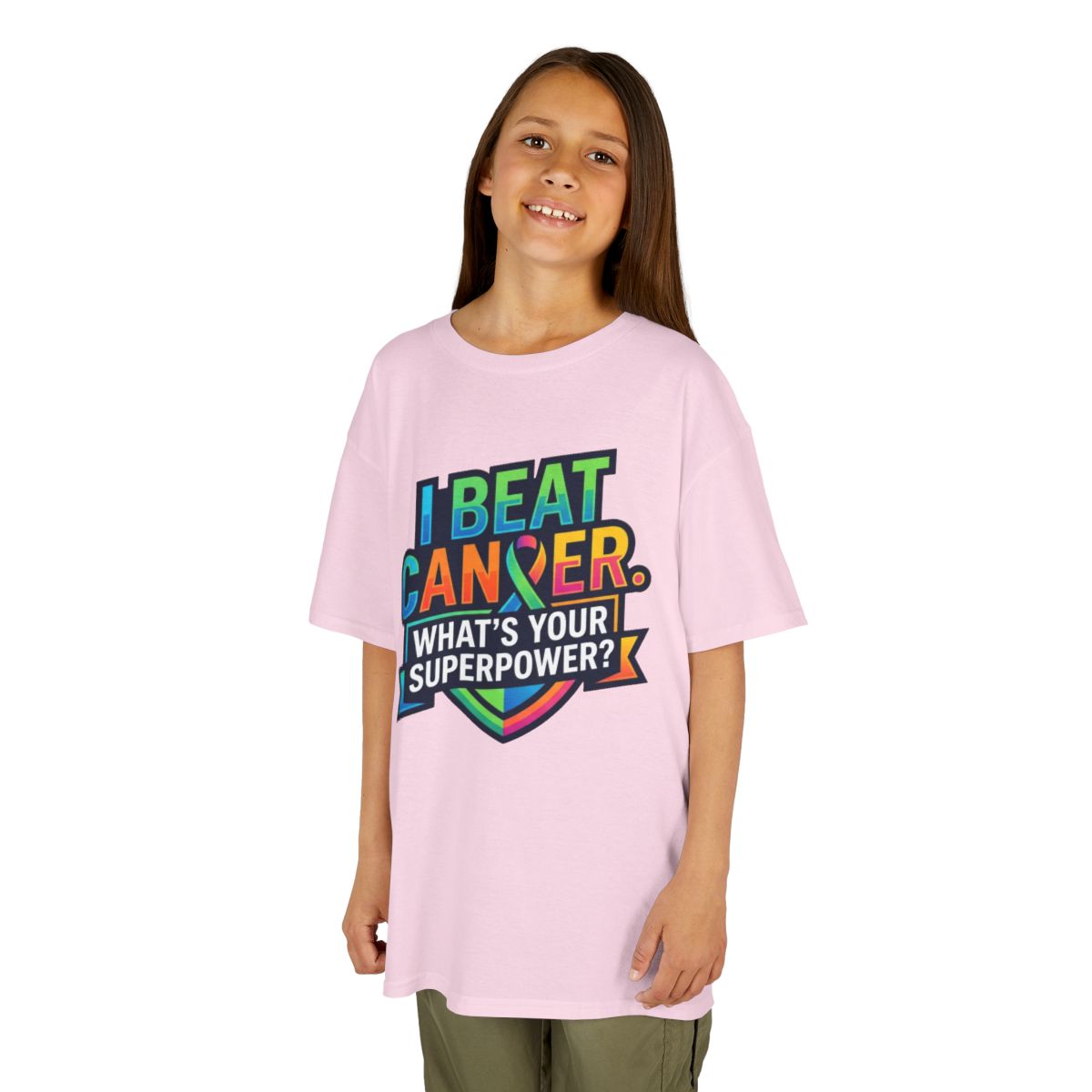 Color: Light Pink | I Beat Cancer - What is Your Superpower Kids Tee