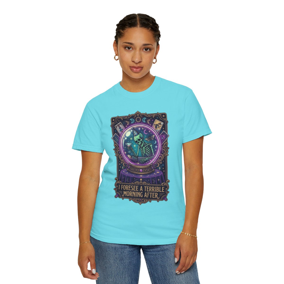Color: Lagoon Blue | I Foresee A Terrible Morning After Unisex Garment-Dyed Tee