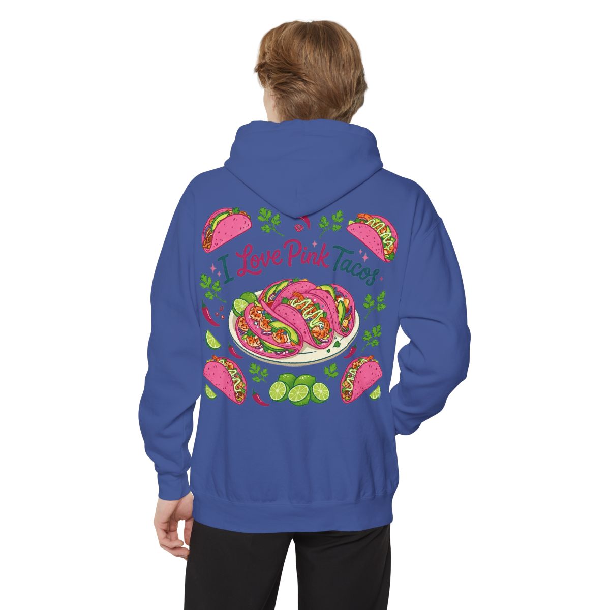 Color: Flo Blue | I Love Pink Tacos Garment-Dyed Hoodie