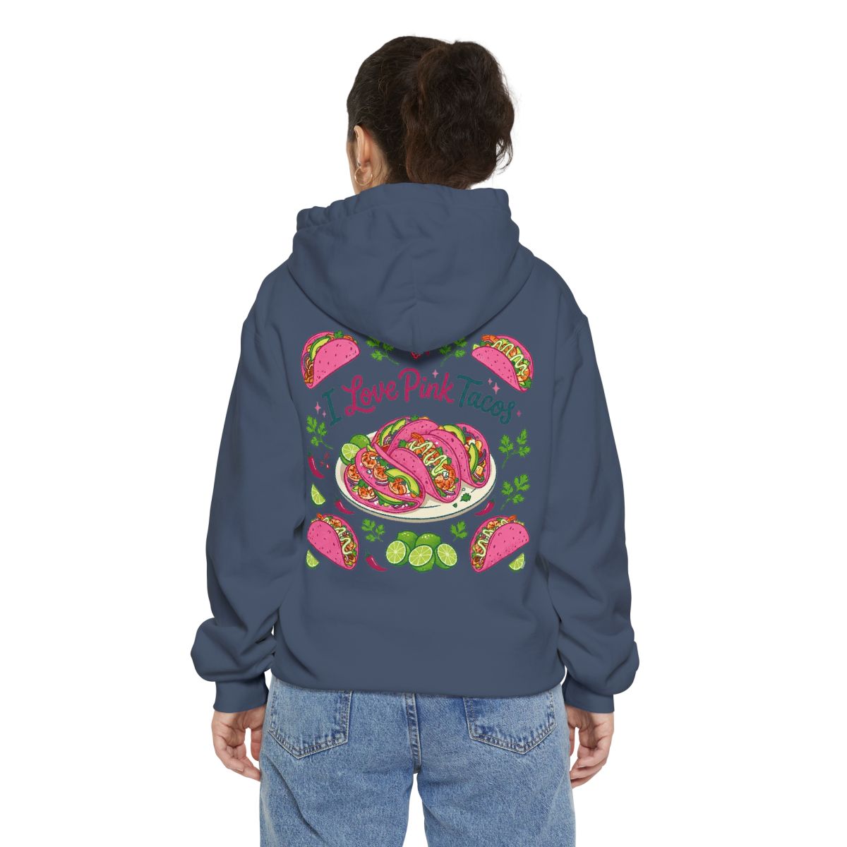 Color: Denim | I Love Pink Tacos Garment-Dyed Hoodie