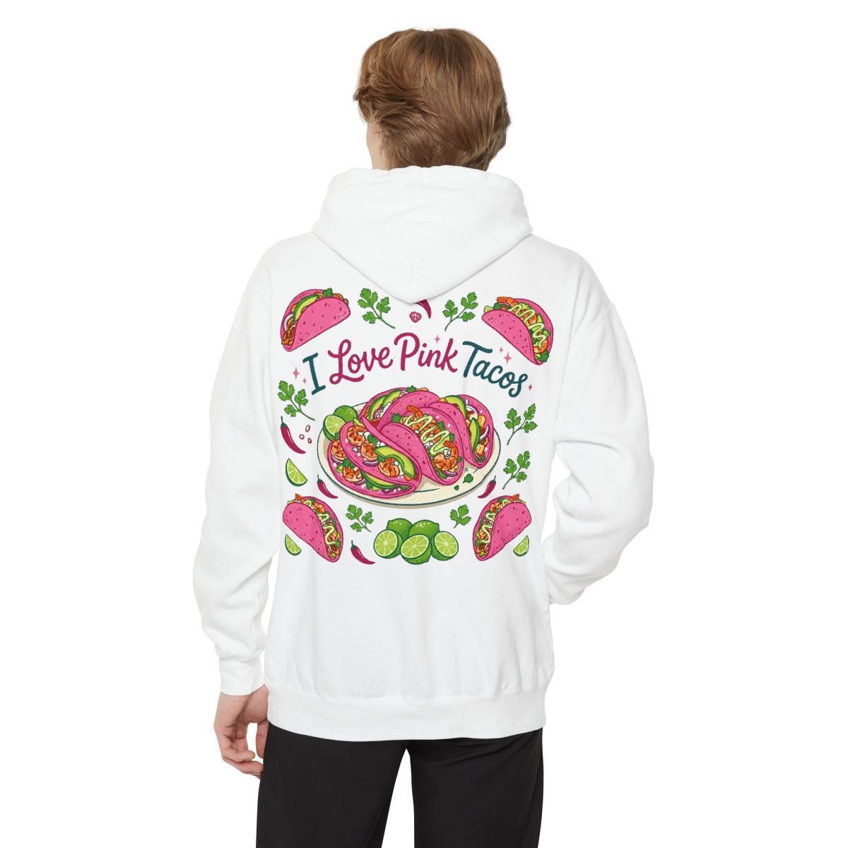 Color: White | I Love Pink Tacos Garment-Dyed Hoodie