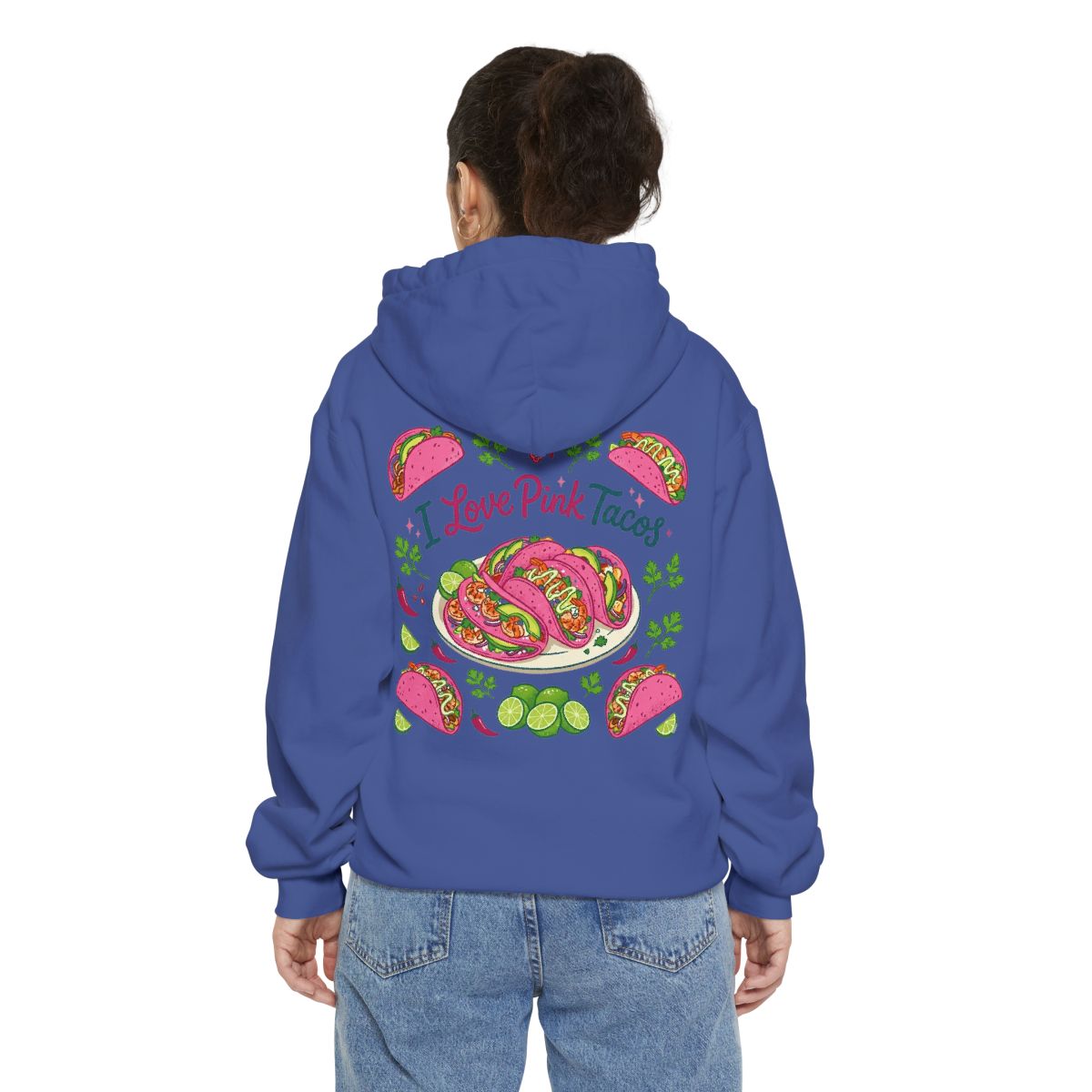 Color: Flo Blue | I Love Pink Tacos Garment-Dyed Hoodie