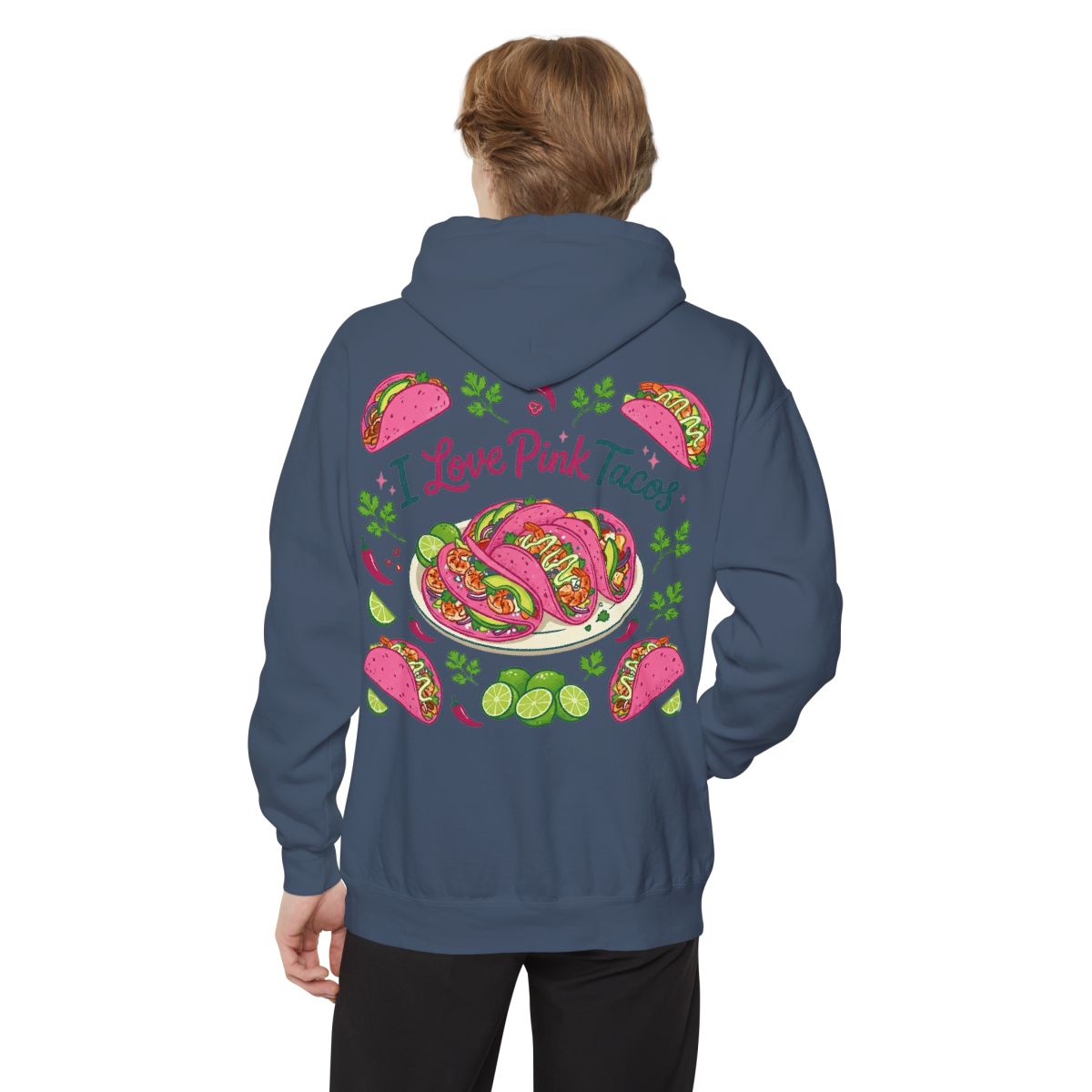 Color: Denim | I Love Pink Tacos Garment-Dyed Hoodie
