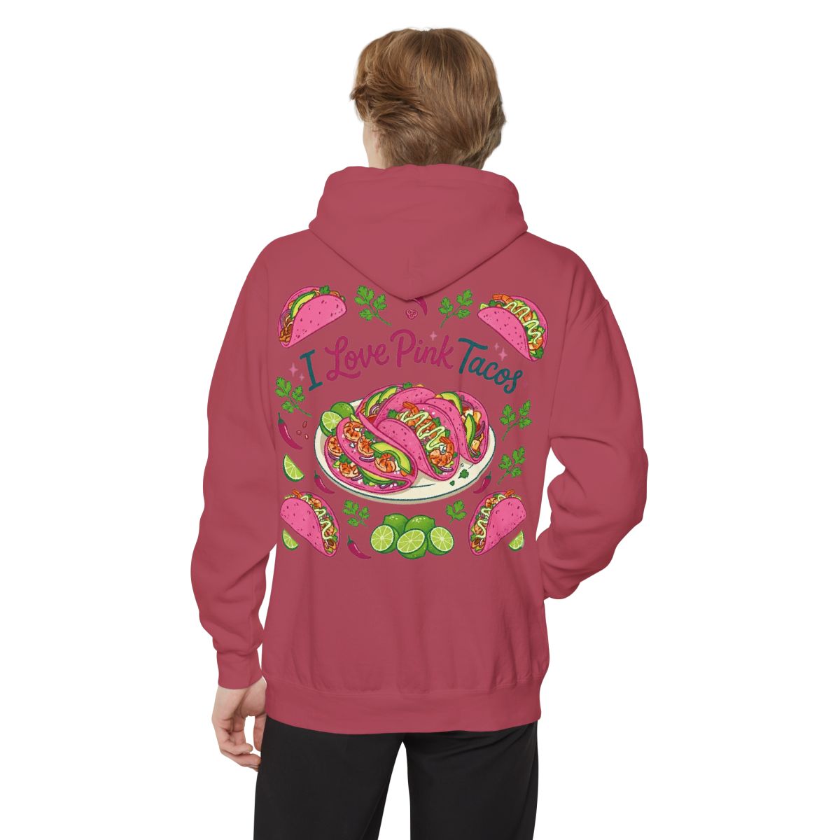 Color: Crimson | I Love Pink Tacos Garment-Dyed Hoodie