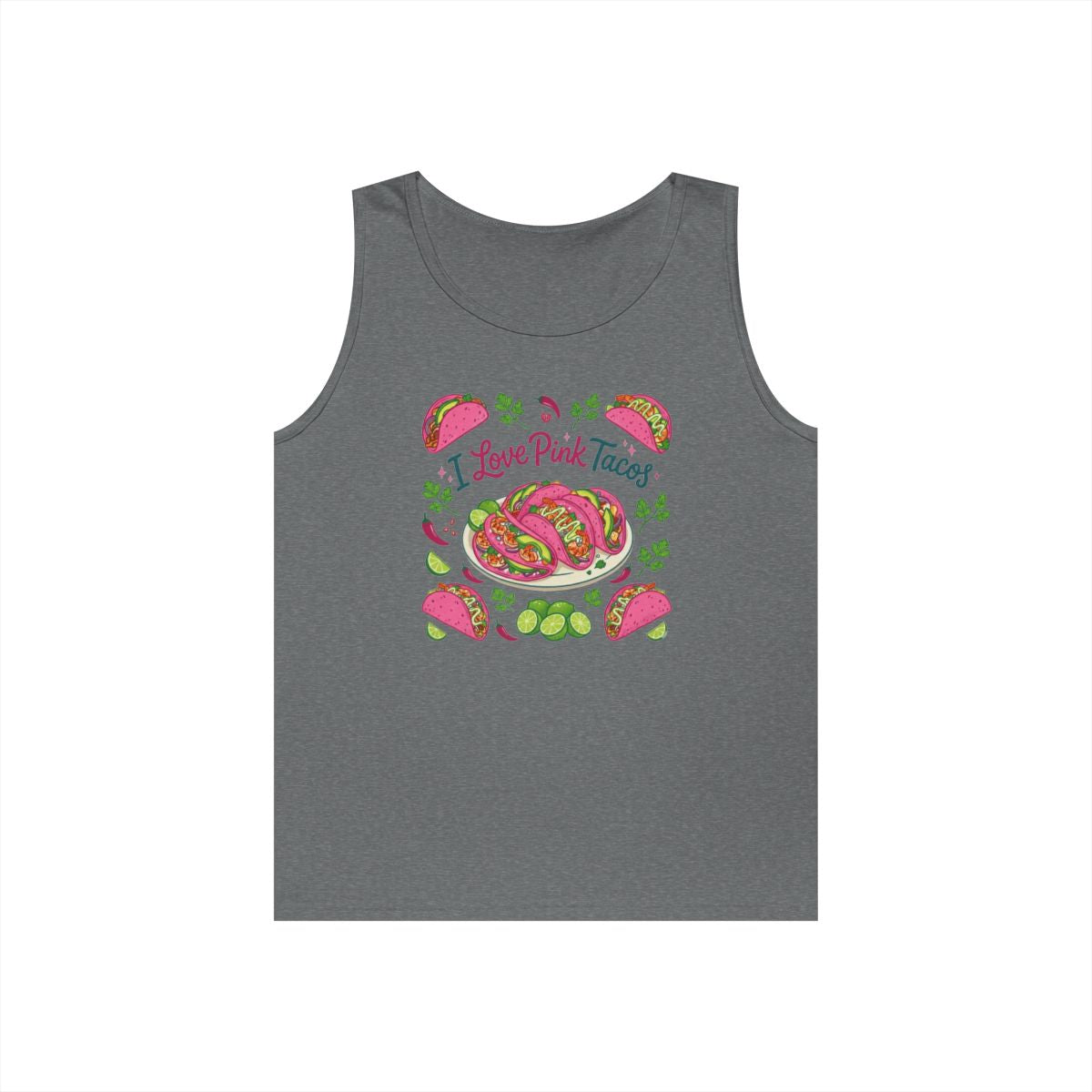 Color: Graphite Heather | I Love Pink Tacos Tank Top