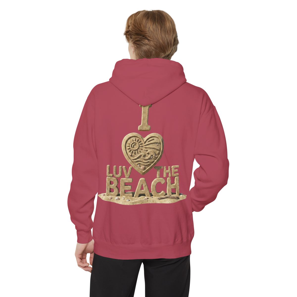 Color: Crimson | I Luv The Beach Garment-Dyed Hoodie
