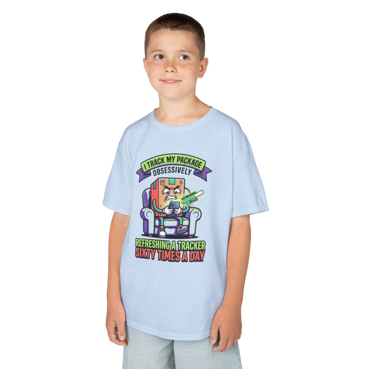 Color: Light Blue | I Track My Package Obsessively Kids Tee