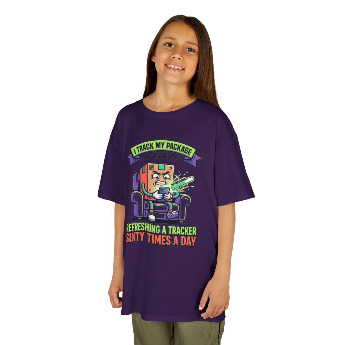 Color: Purple | I Track My Package Obsessively Kids Tee