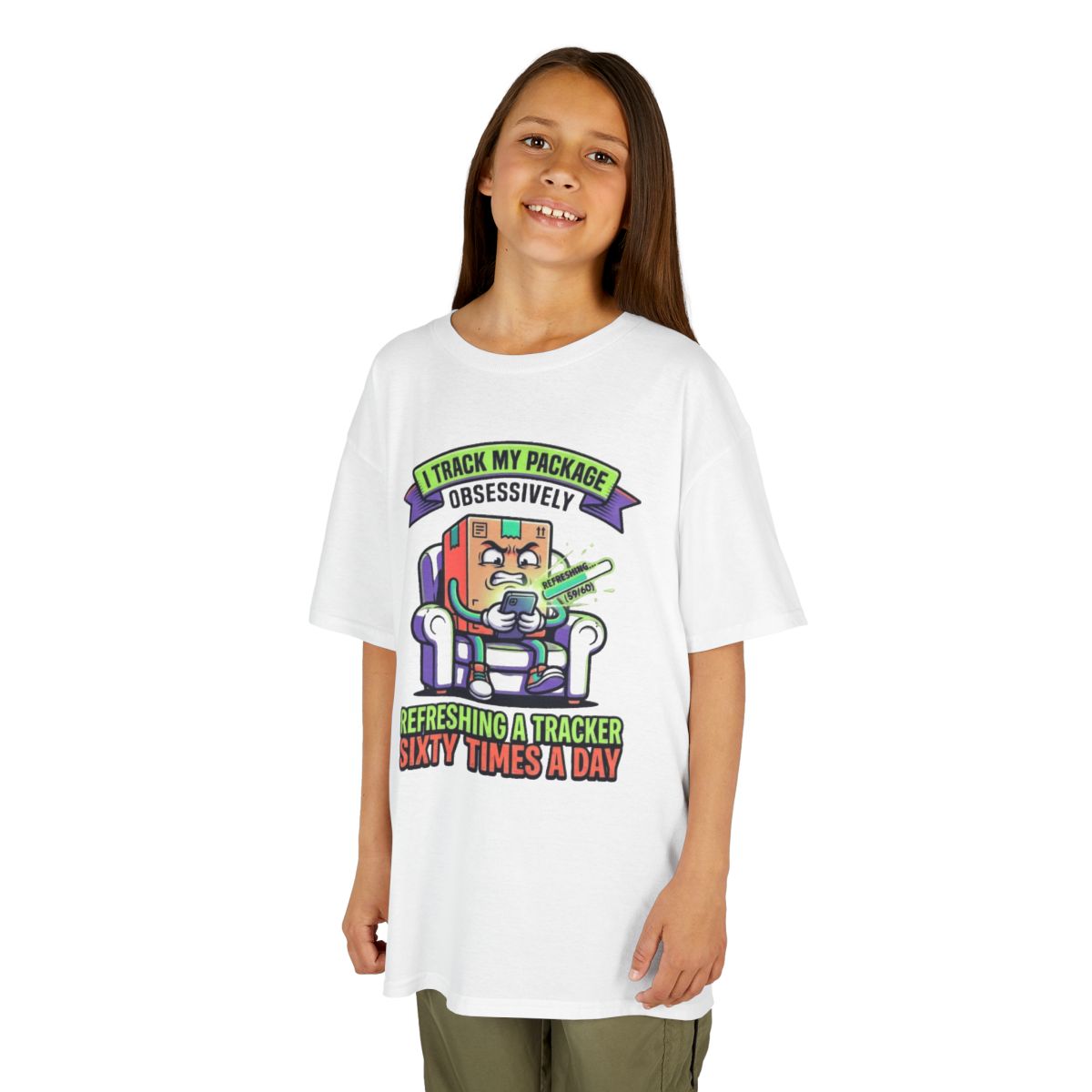 Color: White | I Track My Package Obsessively Kids Tee