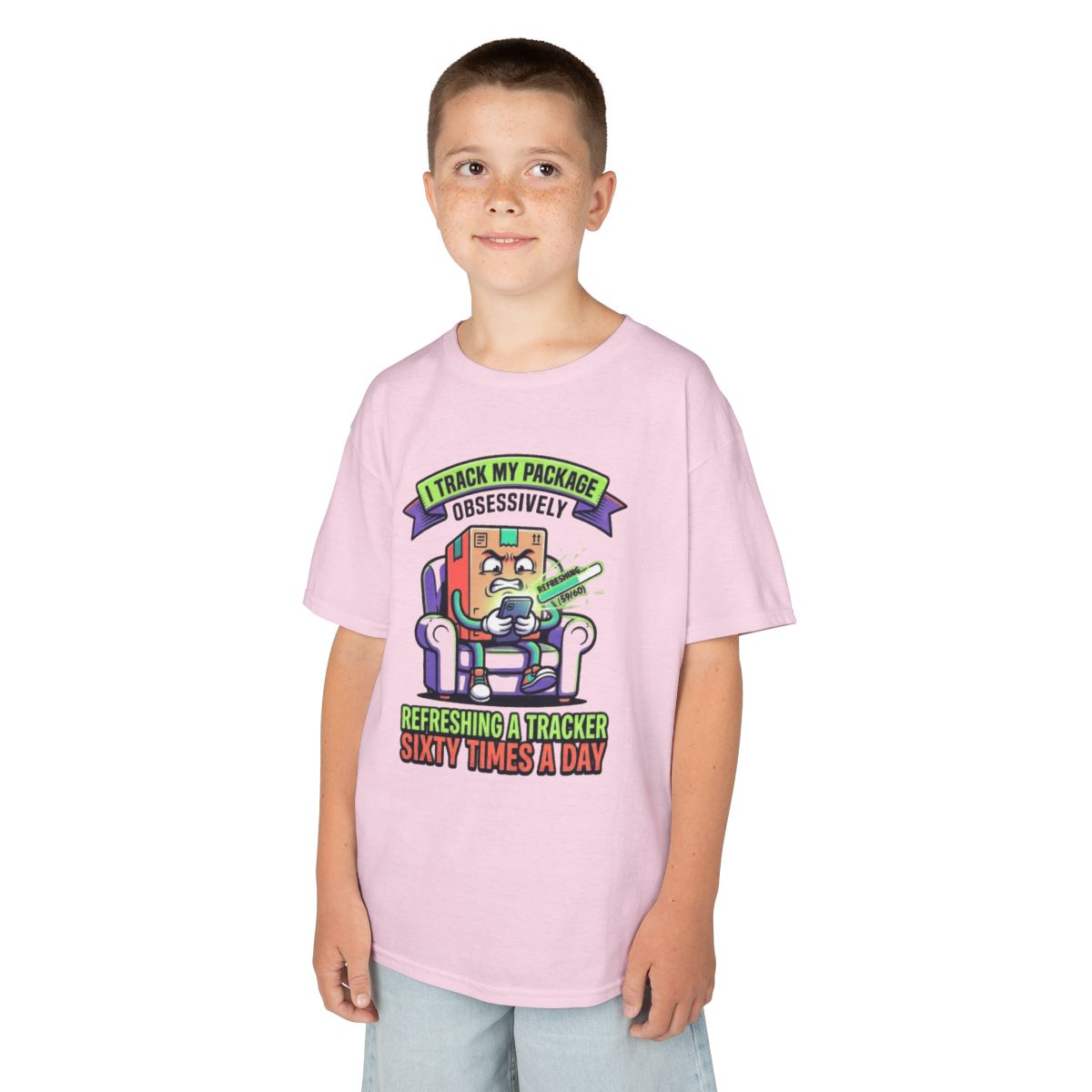 Color: Light Pink | I Track My Package Obsessively Kids Tee