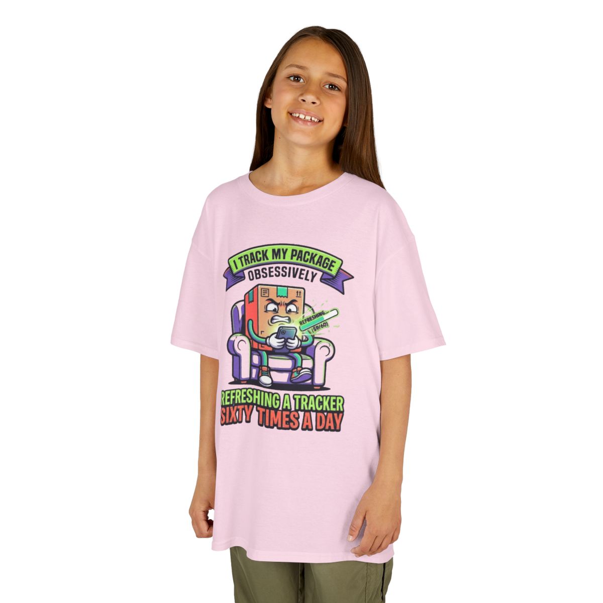 Color: Light Pink | I Track My Package Obsessively Kids Tee