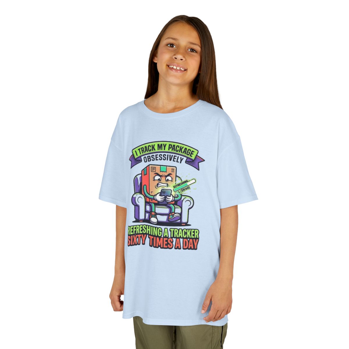 Color: Light Blue | I Track My Package Obsessively Kids Tee