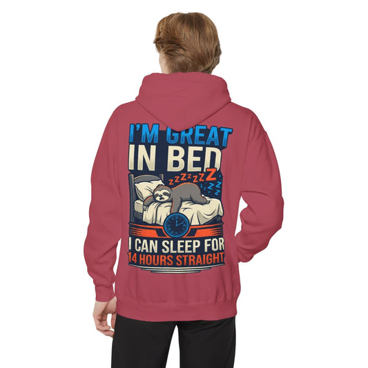 Color: Crimson | I'm Great In Bed Garment-Dyed Hoodie