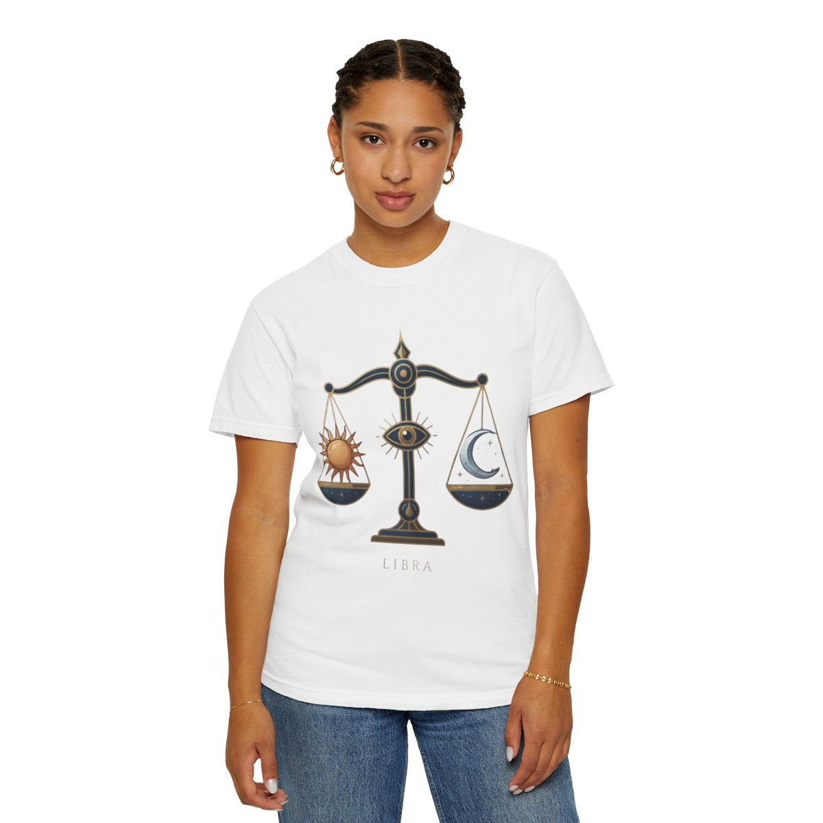 Color: White | Libra The Balanced Scales Unisex Garment-Dyed Tee