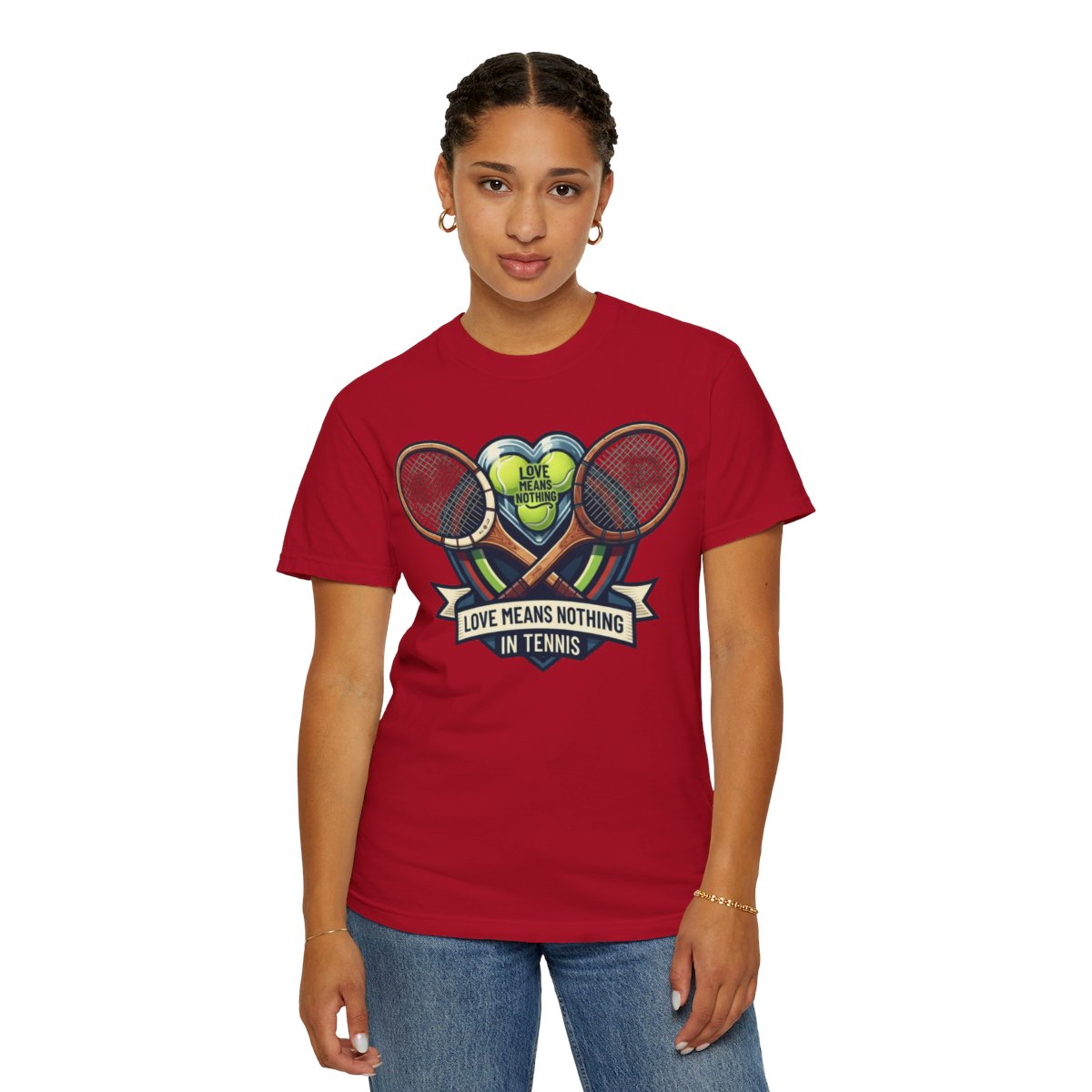 Color: Red | Love Means Nothing in Tennis Unisex Garment-Dyed Tee