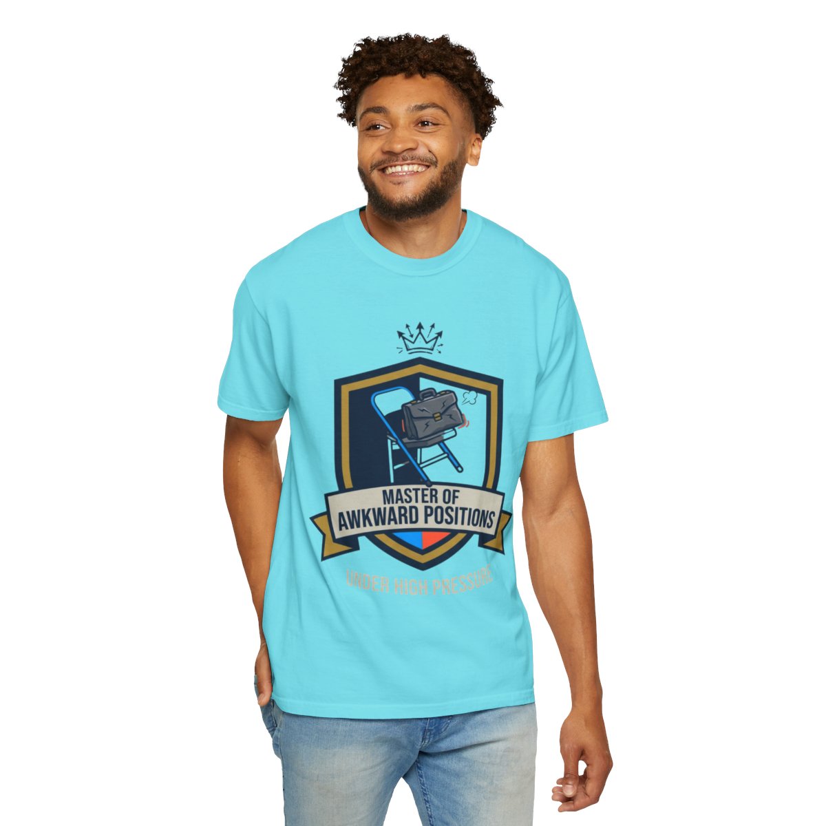 Color: Lagoon Blue | Master of Awkward Positions Unisex Garment-Dyed Tee