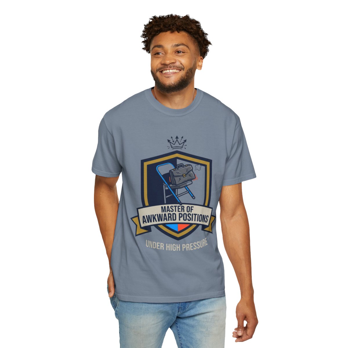 Color: Blue Jean | Master of Awkward Positions Unisex Garment-Dyed Tee