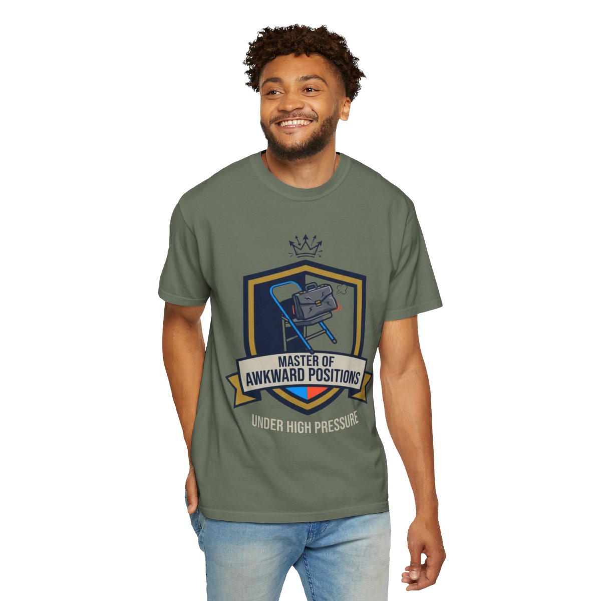 Color: Moss | Master of Awkward Positions Unisex Garment-Dyed Tee