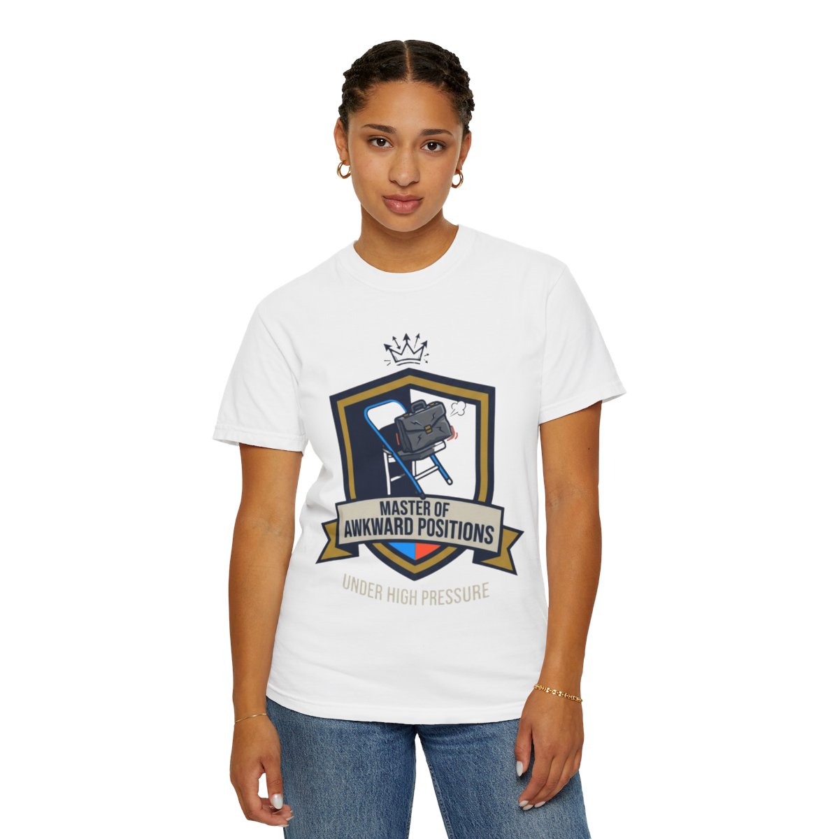 Color: White | Master of Awkward Positions Unisex Garment-Dyed Tee
