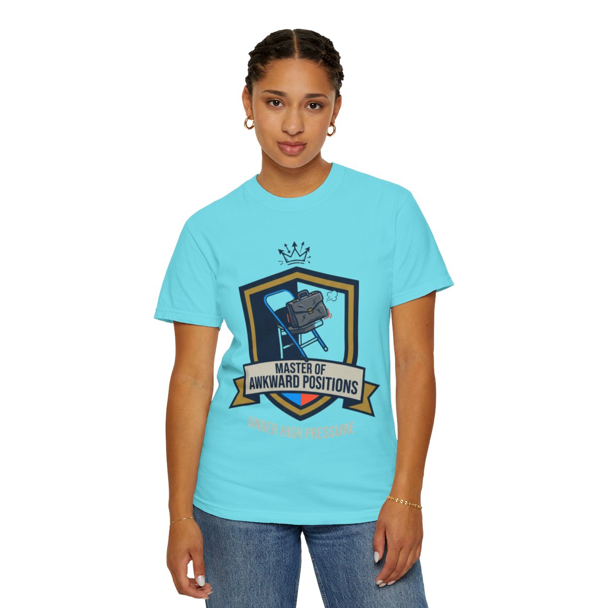 Color: Lagoon Blue | Master of Awkward Positions Unisex Garment-Dyed Tee