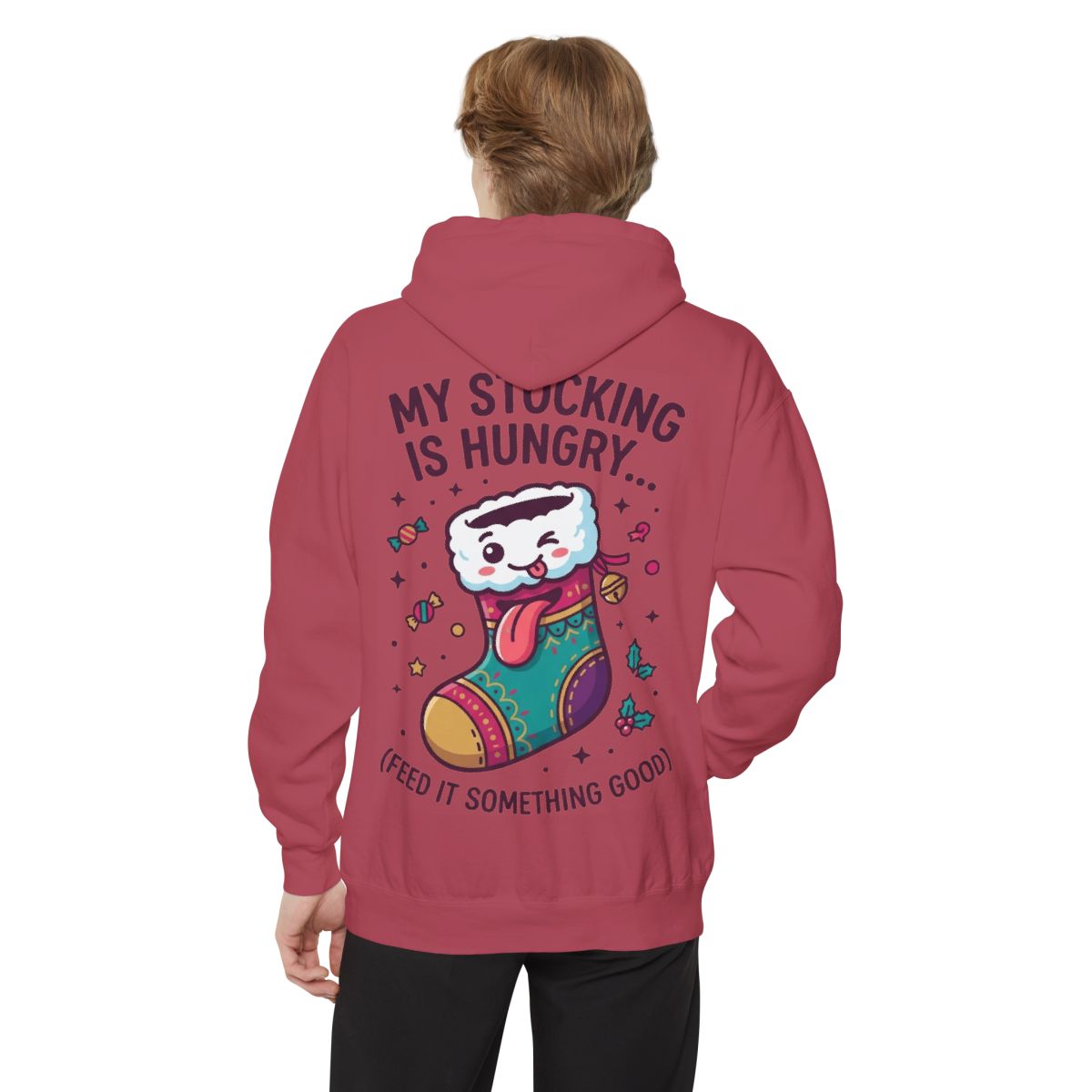 Color: Crimson | My Stocking Is Hungry Garment-Dyed Hoodie