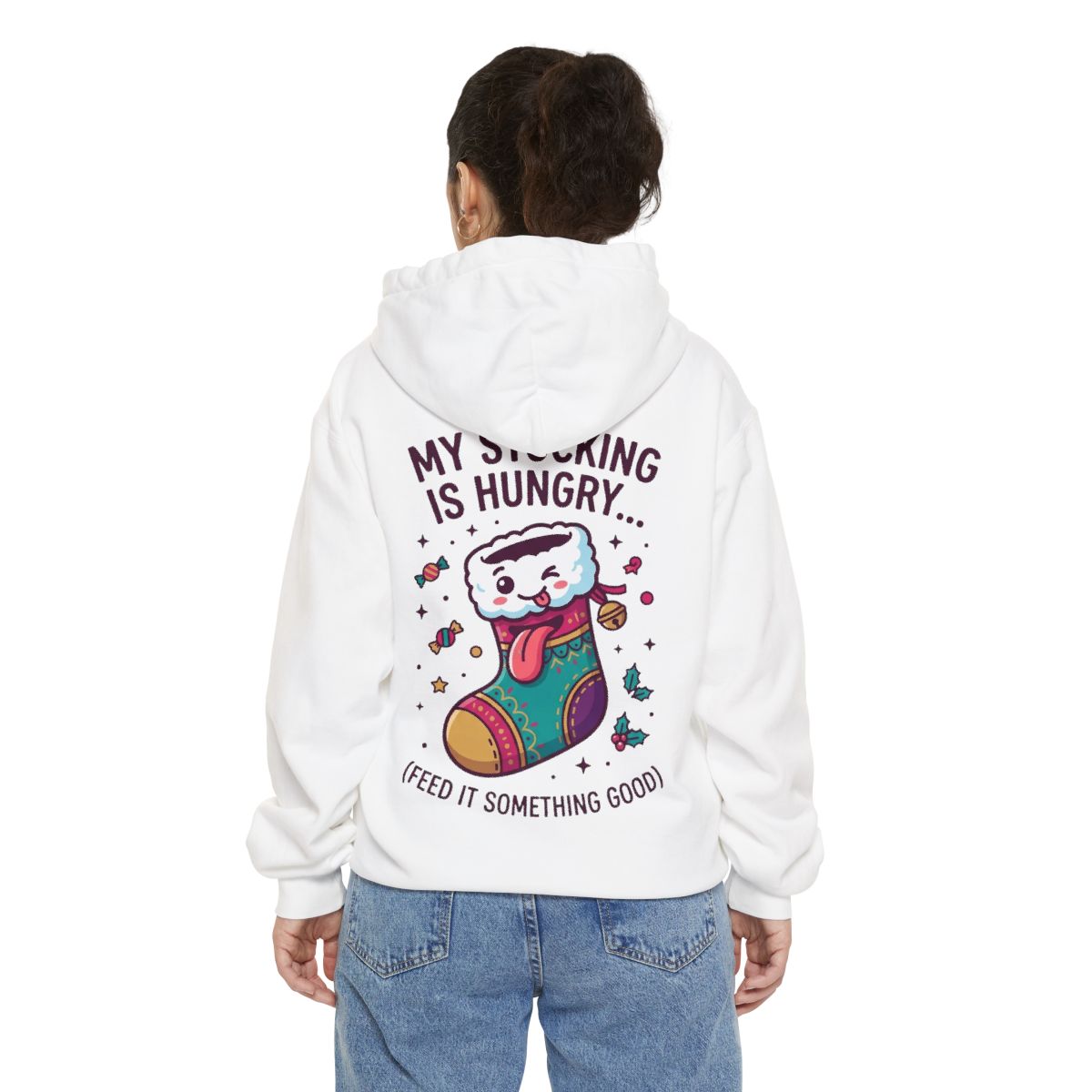 Color: White | My Stocking Is Hungry Garment-Dyed Hoodie