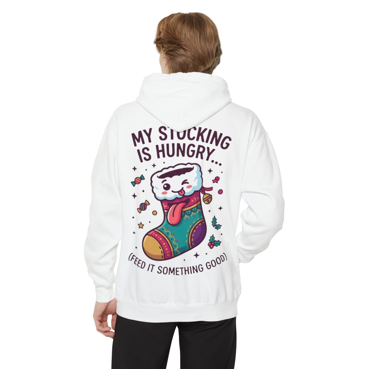 Color: White | My Stocking Is Hungry Garment-Dyed Hoodie