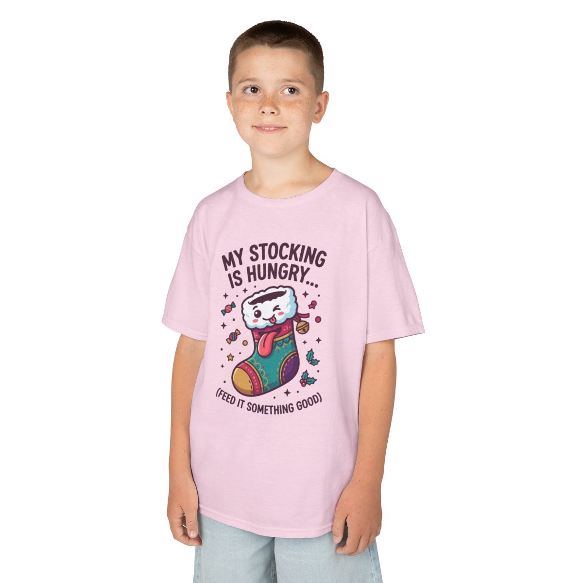 Color: Light Pink | My Stocking Is Hungry Kids Tee