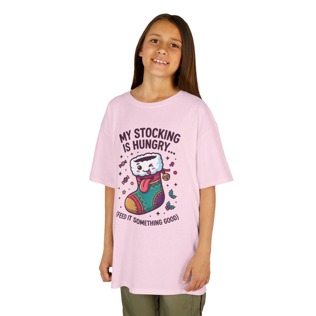 Color: Light Pink | My Stocking Is Hungry Kids Tee