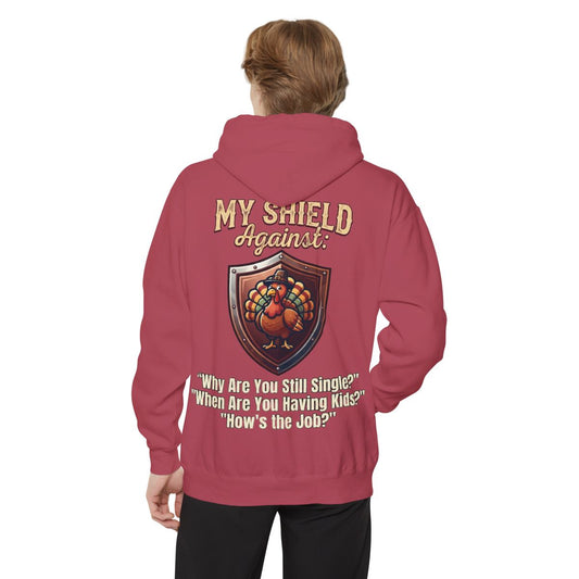 Color: Crimson | My Thanksgiving Shield Garment-Dyed Hoodie